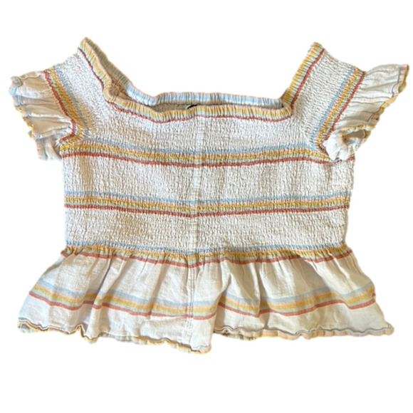 American Eagle Off Shoulder Smocked Crop top Blouse Stripped linen blend Medium - Picture 2 of 5